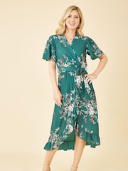 Mela Green Crepe Floral Dip Hem Wrap Midi Dress - Image 1 of 4