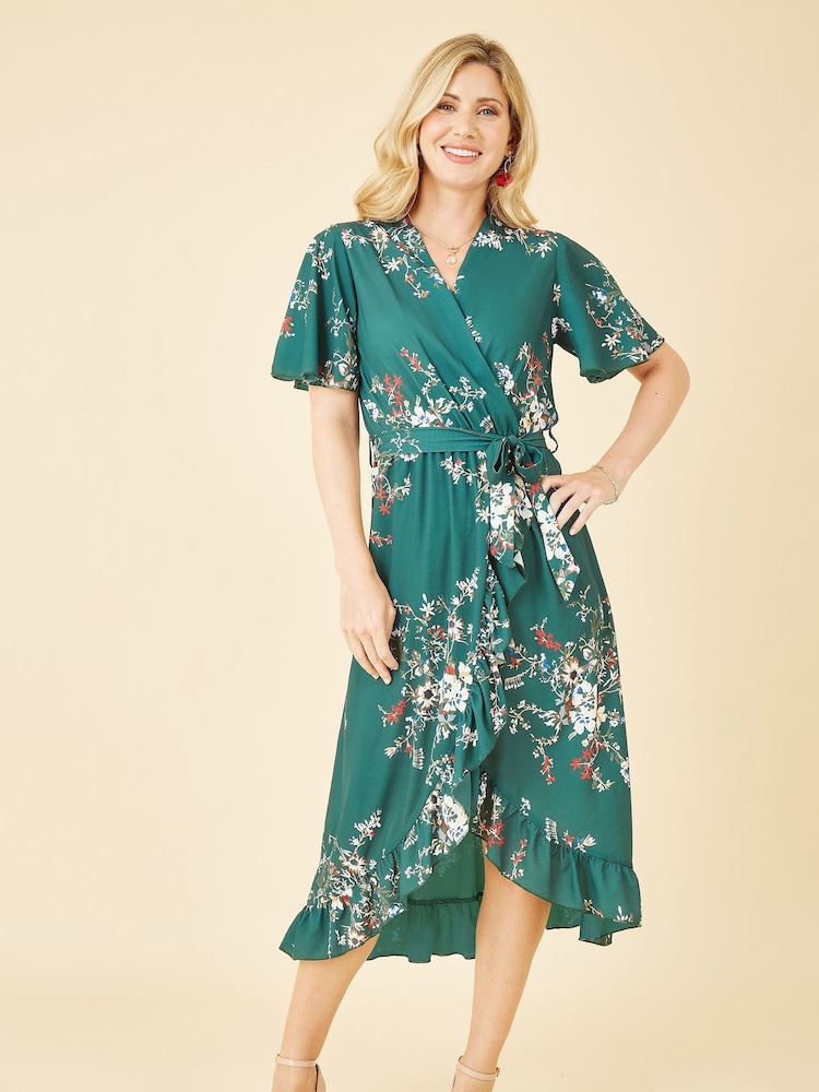 Mela Green Crepe Floral Dip Hem Wrap Midi Dress - Image 1 of 4