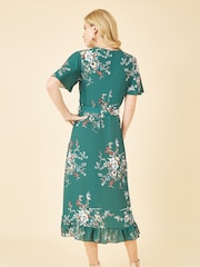Mela Green Crepe Floral Dip Hem Wrap Midi Dress - Image 2 of 4