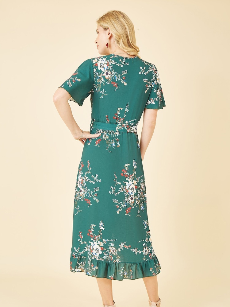 Mela Green Crepe Floral Dip Hem Wrap Midi Dress - Image 2 of 4
