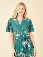 Mela Green Crepe Floral Dip Hem Wrap Midi Dress - Image 3 of 4