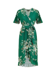 Mela Green Crepe Floral Dip Hem Wrap Midi Dress - Image 4 of 4