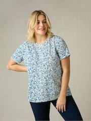 Live Unlimited Blue Curve Sprig Print Cotton Slub Round Neck T-Shirt - Image 1 of 8