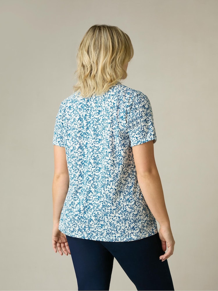 Live Unlimited Blue Curve Sprig Print Cotton Slub Round Neck T-Shirt - Image 2 of 8