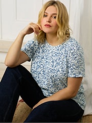 Live Unlimited Blue Curve Sprig Print Cotton Slub Round Neck T-Shirt - Image 3 of 8