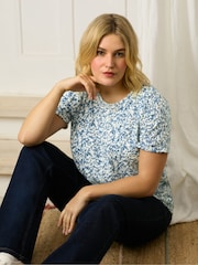 Live Unlimited Blue Curve Sprig Print Cotton Slub Round Neck T-Shirt - Image 4 of 8