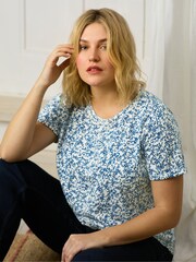 Live Unlimited Blue Curve Sprig Print Cotton Slub Round Neck T-Shirt - Image 5 of 8