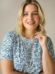 Live Unlimited Blue Curve Sprig Print Cotton Slub Round Neck T-Shirt - Image 7 of 8