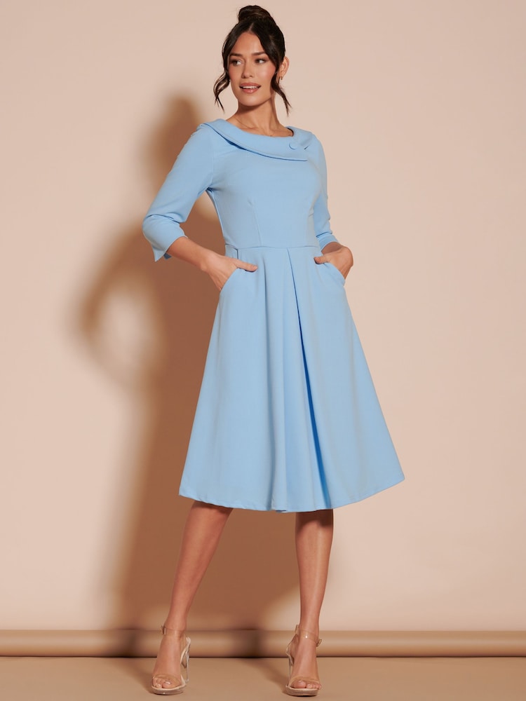 Jolie Moi Light Blue 3/4 Sleeve Fold Neck Midi Dress - Image 1 of 6