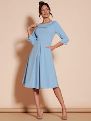 Jolie Moi Light Blue 3/4 Sleeve Fold Neck Midi Dress - Image 3 of 6