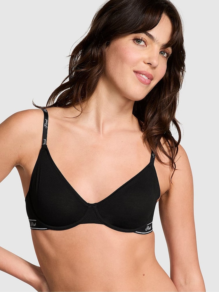 Victoria's Secret PINK Black Cotton Logo Unlined Scoop Bra - Image 1 of 3