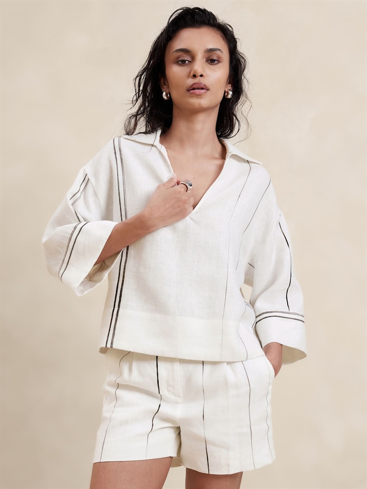 Banana Republic White European Linen Collared Top - Image 1 of 1