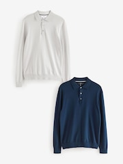 Navy Blue/Grey Slim Fit Knitted Long Sleeve Polo Shirts 2 Pack - Image 1 of 11