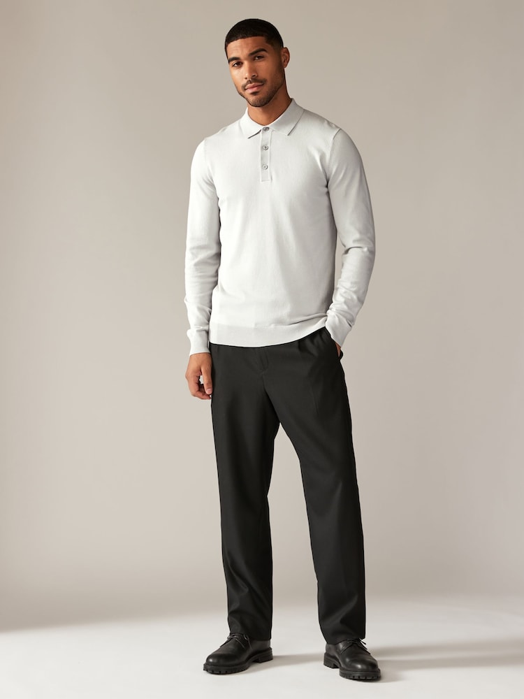 Navy Blue/Grey Slim Fit Knitted Long Sleeve Polo Shirts 2 Pack - Image 2 of 11