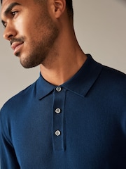 Navy Blue/Grey Slim Fit Knitted Long Sleeve Polo Shirts 2 Pack - Image 6 of 11
