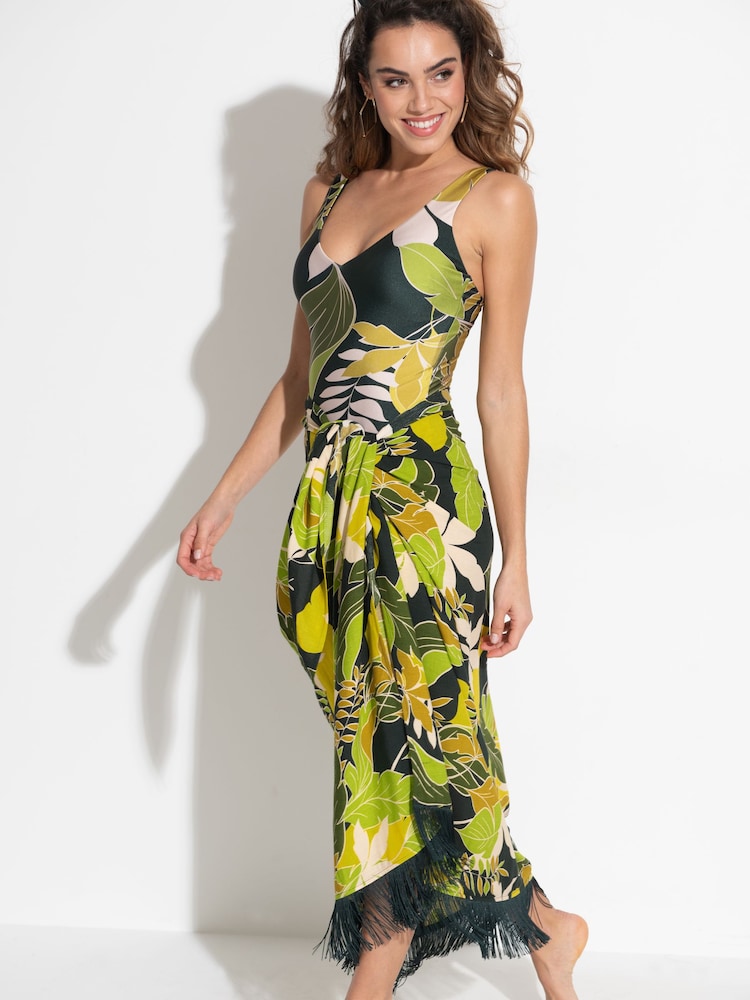 Pour Moi Green Fringe Trim Crinkle Woven Multiway Sarong - Image 2 of 5