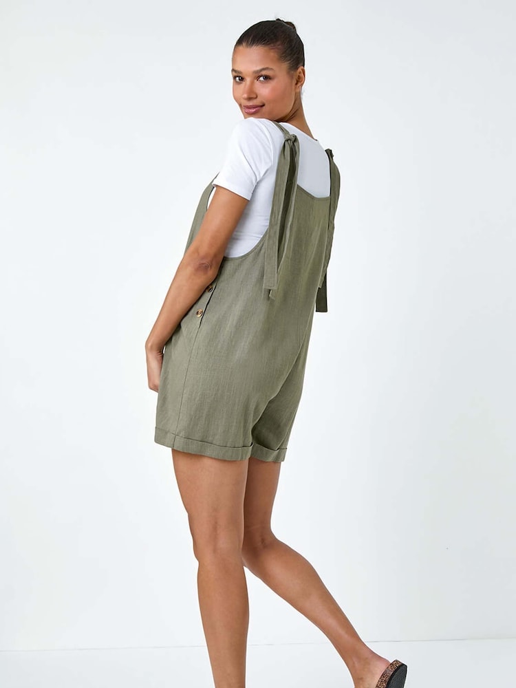 Roman Green Shoulder Tie Cotton/Linen Mix Playsuit - Image 1 of 5