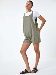 Roman Green Shoulder Tie Cotton/Linen Mix Playsuit - Image 3 of 5