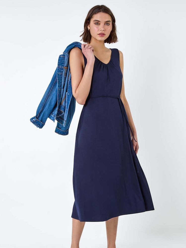 Roman Blue Gathered Tie Detail Stretch Midi Dress - Image 1 of 5