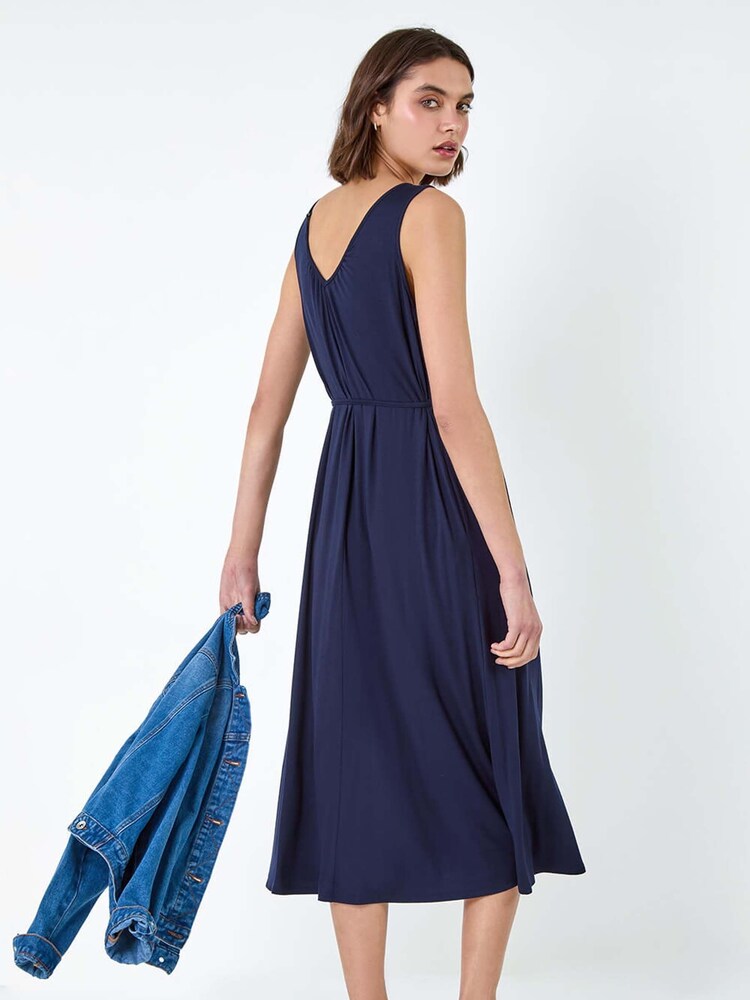 Roman Blue Gathered Tie Detail Stretch Midi Dress - Image 2 of 5