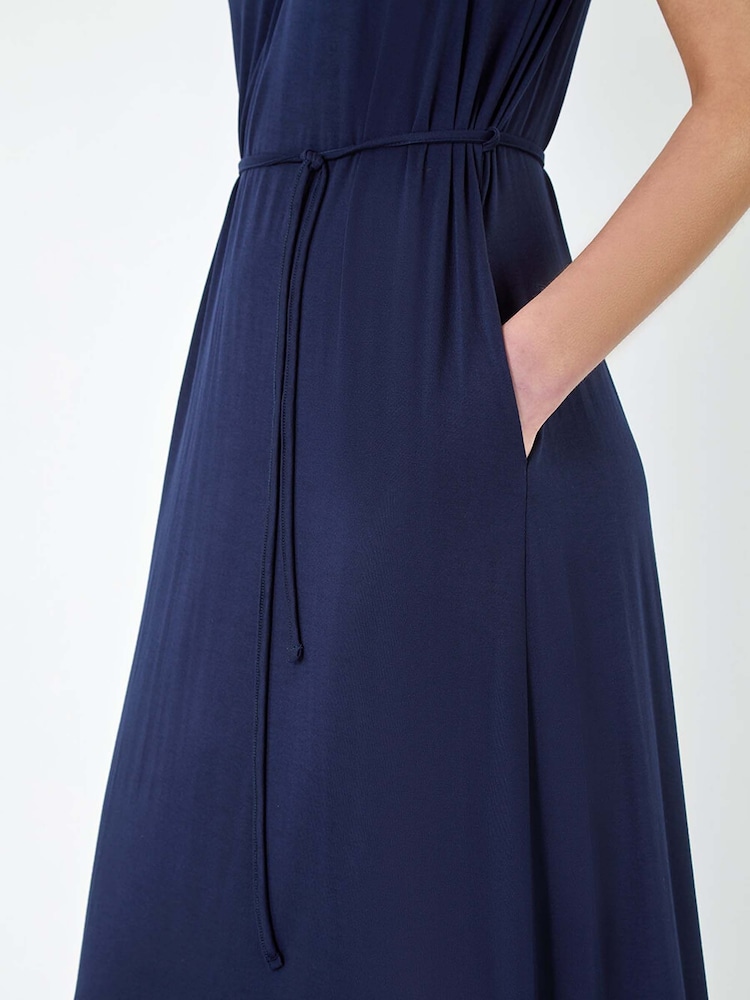 Roman Blue Gathered Tie Detail Stretch Midi Dress - Image 5 of 5