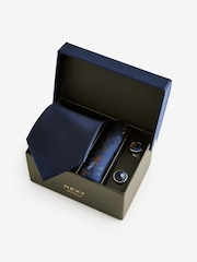 Navy Blue Silk Tie, Pocket Square and Cufflinks Gift Box Set - Image 1 of 4