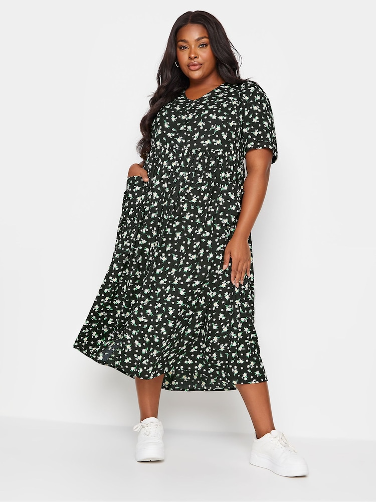 Yours Curve Black Daisy Print Smock Midaxi Dress - Image 1 of 5