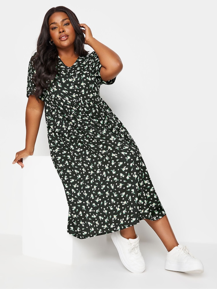Yours Curve Black Daisy Print Smock Midaxi Dress - Image 2 of 5