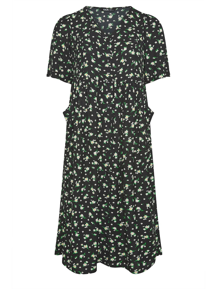 Yours Curve Black Daisy Print Smock Midaxi Dress - Image 5 of 5 Yours Curve Black Daisy Print Smock Midaxi Dress - Image 5 of 5