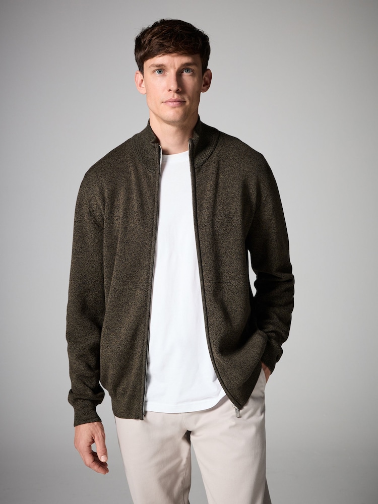 Khaki Green Regular Fit 100% Cotton Premium Zip-Through Jumper - Image 3 of 8