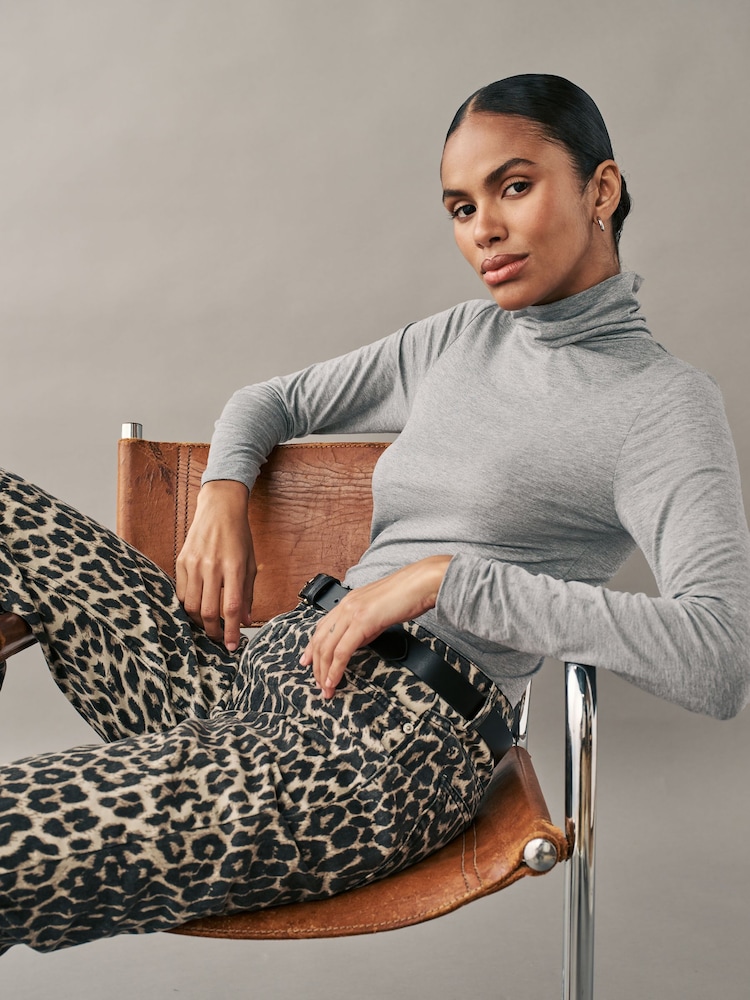 Grey Super Soft Modal Rib Roll Neck Long Sleeve Top - Image 1 of 7