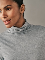 Grey Super Soft Modal Rib Roll Neck Long Sleeve Top - Image 4 of 7