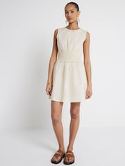 River Island Beige 100% Cotton Shirred Waist Mini Dress - Image 1 of 5