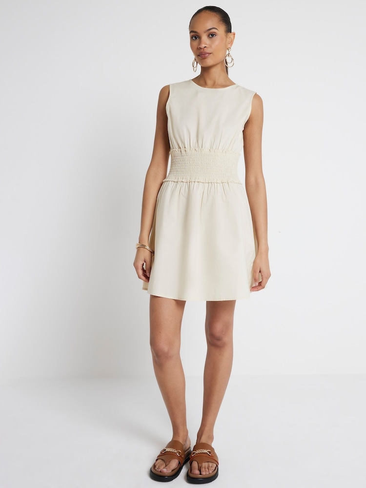 River Island Beige 100% Cotton Shirred Waist Mini Dress - Image 1 of 5