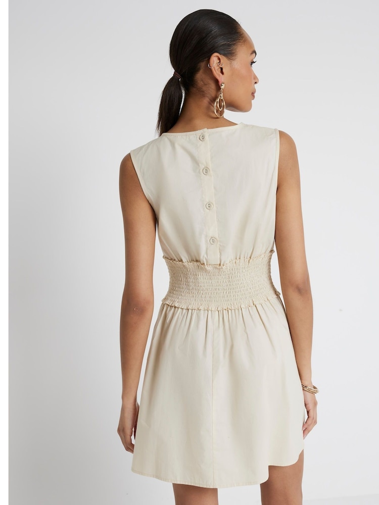 River Island Beige 100% Cotton Shirred Waist Mini Dress - Image 2 of 5