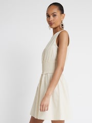 River Island Beige 100% Cotton Shirred Waist Mini Dress - Image 4 of 5