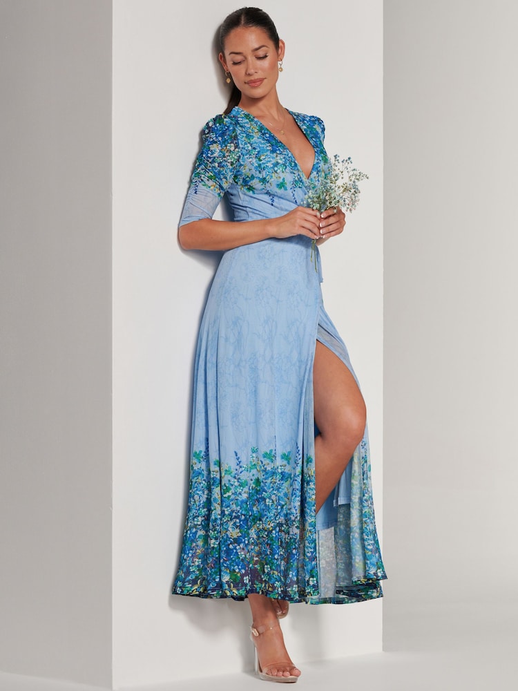 Jolie Moi Blue Peggy Ruched Sleeve Wrap Mesh Maxi Dress - Image 1 of 6