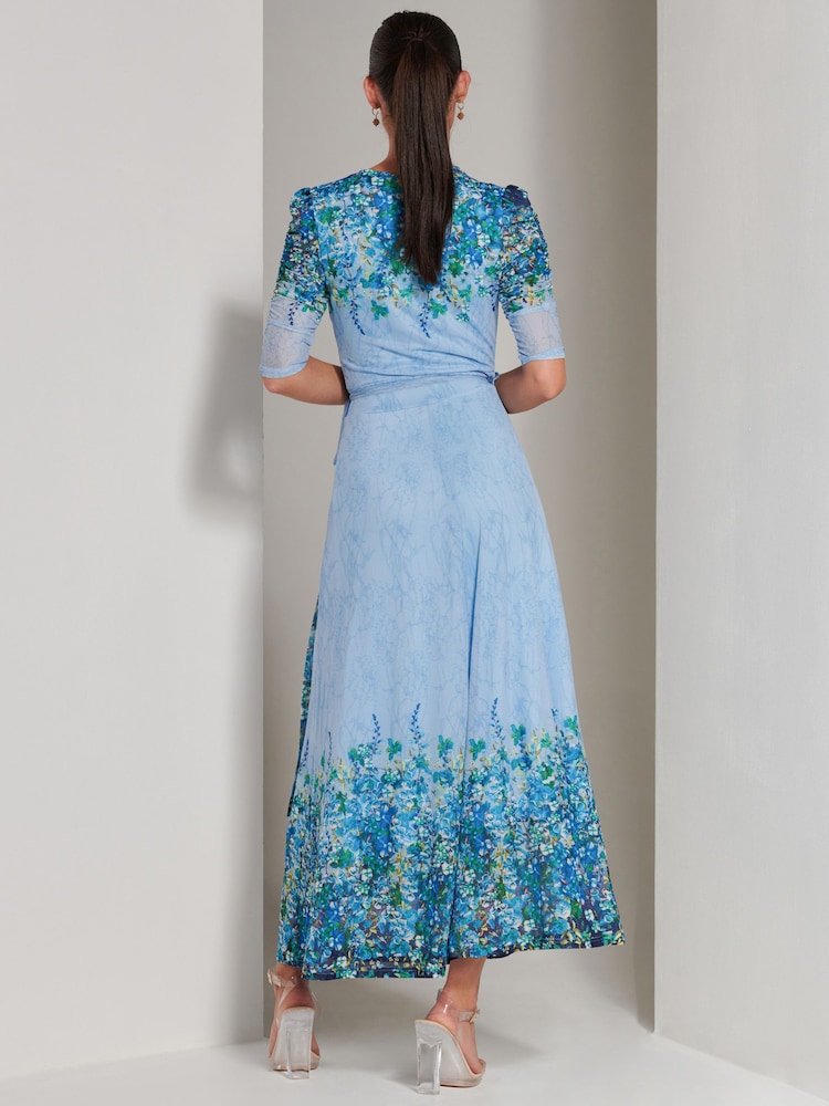 Jolie Moi Blue Peggy Ruched Sleeve Wrap Mesh Maxi Dress - Image 2 of 6
