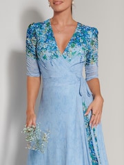 Jolie Moi Blue Peggy Ruched Sleeve Wrap Mesh Maxi Dress - Image 3 of 6