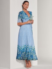 Jolie Moi Blue Peggy Ruched Sleeve Wrap Mesh Maxi Dress - Image 4 of 6