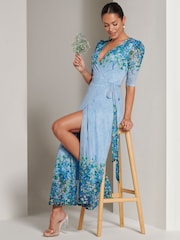 Jolie Moi Blue Peggy Ruched Sleeve Wrap Mesh Maxi Dress - Image 5 of 6