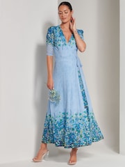 Jolie Moi Blue Peggy Ruched Sleeve Wrap Mesh Maxi Dress - Image 6 of 6