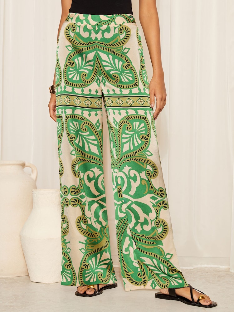 Friends Like These Green Satin Elastic Waist Wide Leg Trouser - Image 1 of 4