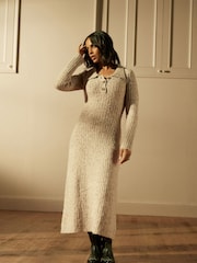 Neutral Polo Collar Henley Button Down Neppy Maxi Knitted Jumper Dress - Image 1 of 7