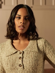 Neutral Polo Collar Henley Button Down Neppy Maxi Knitted Jumper Dress - Image 5 of 7