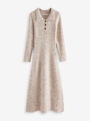 Neutral Polo Collar Henley Button Down Neppy Maxi Knitted Jumper Dress - Image 6 of 7