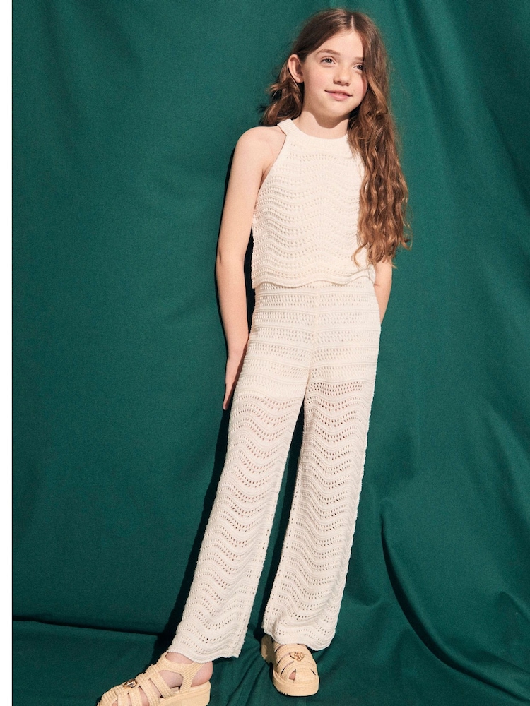 River Island Cream Girls Crochet 100% Cotton Top and Trousers Set - Image 1 of 6 River Island Cream Girls Crochet 100% Cotton Top and Trousers Set - Image 1 of 6