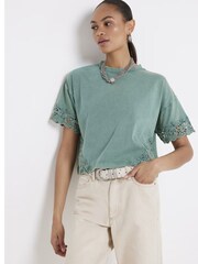 River Island Green 100% Cotton Lace Detail T-Shirt - Image 1 of 6