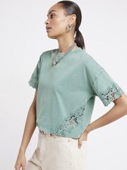 River Island Green 100% Cotton Lace Detail T-Shirt - Image 2 of 6