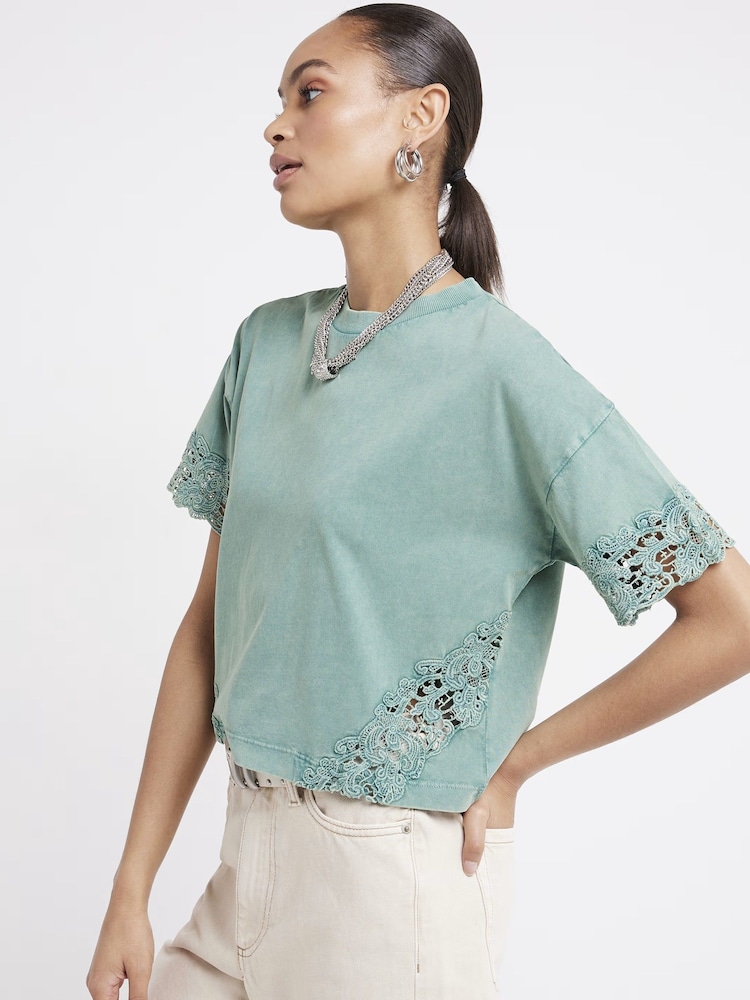 River Island Green 100% Cotton Lace Detail T-Shirt - Image 2 of 6